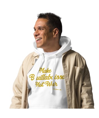 Sweat à capuche unisexe en coton Make Bouillabaisse Not War doré grand motif brodé sur couleurs claires Toutes les collections ici