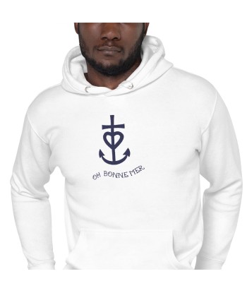 Sweat à capuche unisexe en coton Croix de Camargue Oh Bonne mer bleu marine grand motif brodé sur couleurs claires est présent 