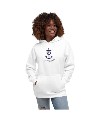 Sweat à capuche unisexe en coton Croix de Camargue Oh Bonne mer bleu marine grand motif brodé sur couleurs claires est présent 