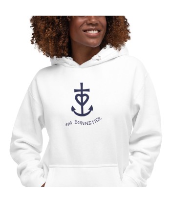 Sweat à capuche unisexe en coton Croix de Camargue Oh Bonne mer bleu marine grand motif brodé sur couleurs claires est présent 