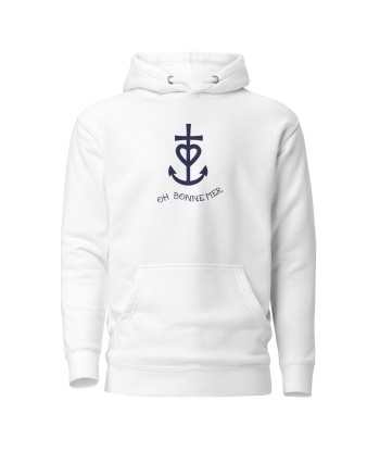 Sweat à capuche unisexe en coton Croix de Camargue Oh Bonne mer bleu marine grand motif brodé sur couleurs claires est présent 