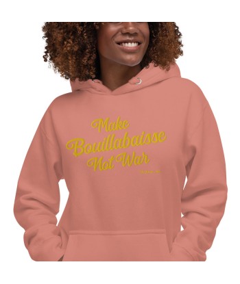 Sweat à capuche unisexe en coton Make Bouillabaisse Not War doré grand motif brodé sur couleurs claires Toutes les collections ici