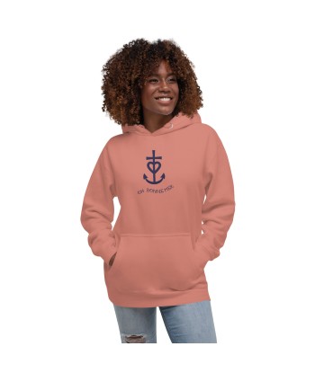 Sweat à capuche unisexe en coton Croix de Camargue Oh Bonne mer bleu marine grand motif brodé sur couleurs claires est présent 