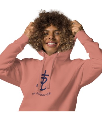 Sweat à capuche unisexe en coton Croix de Camargue Oh Bonne mer bleu marine grand motif brodé sur couleurs claires est présent 