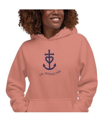 Sweat à capuche unisexe en coton Croix de Camargue Oh Bonne mer bleu marine grand motif brodé sur couleurs claires est présent 