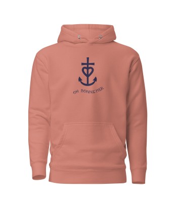 Sweat à capuche unisexe en coton Croix de Camargue Oh Bonne mer bleu marine grand motif brodé sur couleurs claires est présent 