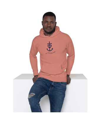 Sweat à capuche unisexe en coton Croix de Camargue Oh Bonne mer bleu marine grand motif brodé sur couleurs claires est présent 