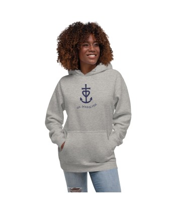 Sweat à capuche unisexe en coton Croix de Camargue Oh Bonne mer bleu marine grand motif brodé sur couleurs claires est présent 