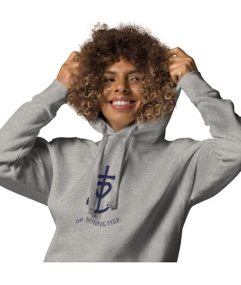 Sweat à capuche unisexe en coton Croix de Camargue Oh Bonne mer bleu marine grand motif brodé sur couleurs claires est présent 