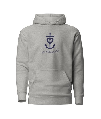 Sweat à capuche unisexe en coton Croix de Camargue Oh Bonne mer bleu marine grand motif brodé sur couleurs claires est présent 