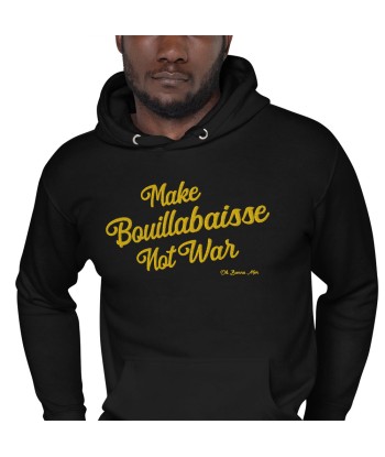 Sweat à capuche unisexe en coton Make Bouillabaisse Not War doré grand motif brodé sur couleurs foncées 2 - 3 jours ouvrés.