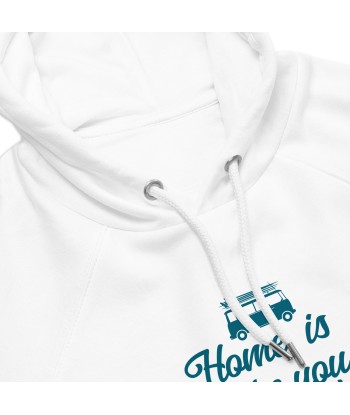 Sweat à capuche écologique Raglan unisexe Blue Surf Combi Home is where you park it l'évolution des habitudes 