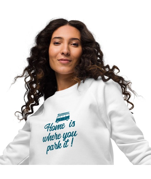 Sweatshirt écologique raglan unisexe Blue Surf Combi Home is where you park it chez Cornerstreet bien 