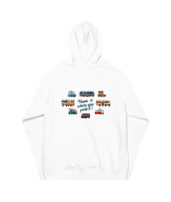 Sweat à capuche écologique Raglan unisexe Square Vintage Campers Home is where you park it brodé blanc Véritable concentré