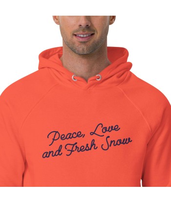 Sweat à capuche écologique Raglan unisexe Peace, Love and Fresh Snow texte bleu marine grand motif brodé pas cher