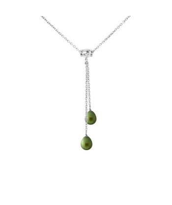 Collier Toi & Moi 2 Perles de Culture d'Eau Douce- Diamètre 7-8 mm Vert Intense- Bijou Femme- Argent 925 Millièmes des créatures d'habitude