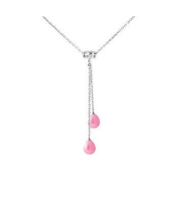 Collier Toi & Moi 2 Perles de Culture d'Eau Douce- Diamètre 7-8 mm  Rose Fushia- Bijou Femme- Argent 925 Millièmes une grave pollution 