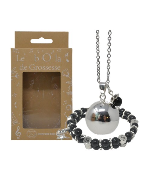 Box Bola argent lisse et bracelet d'allaitement pierre naturelle - Obsidienne brillant des détails fins