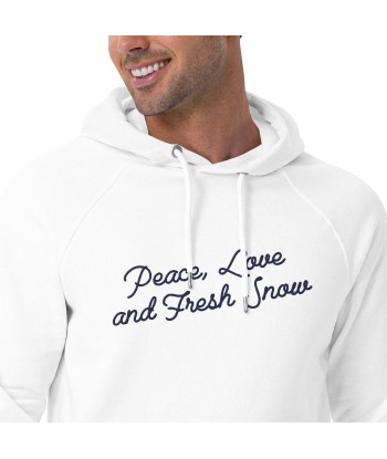 Sweat à capuche écologique Raglan unisexe Peace, Love and Fresh Snow texte bleu marine grand motif brodé pas cher