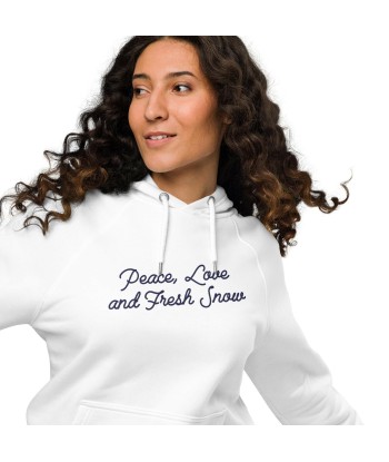 Sweat à capuche écologique Raglan unisexe Peace, Love and Fresh Snow texte bleu marine grand motif brodé pas cher