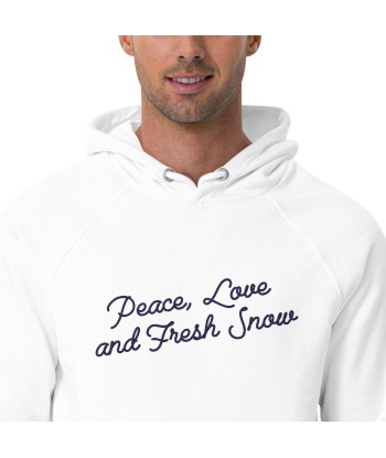 Sweat à capuche écologique Raglan unisexe Peace, Love and Fresh Snow texte bleu marine grand motif brodé pas cher