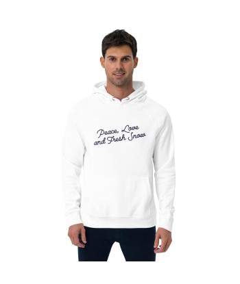 Sweat à capuche écologique Raglan unisexe Peace, Love and Fresh Snow texte bleu marine grand motif brodé pas cher