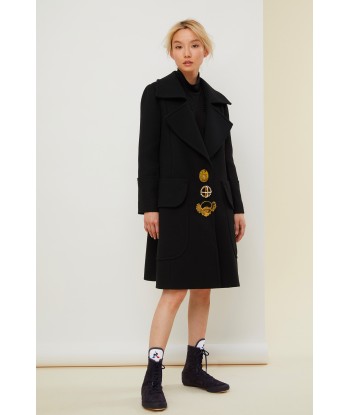 Brooch-embellished longline virgin wool coat des créatures d'habitude