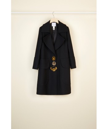 Brooch-embellished longline virgin wool coat des créatures d'habitude