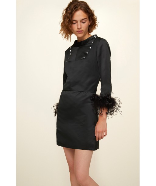 Feather-embellished satin dress Livraison rapide