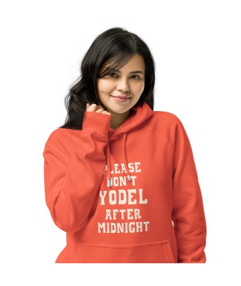 Sweat à capuche écologique Raglan unisexe Don't Yodel After Midnight sur fond sombre rembourrage situé sous