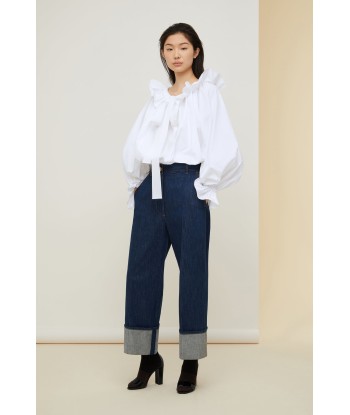 Drawstring puff sleeve top in organic poplin soldes