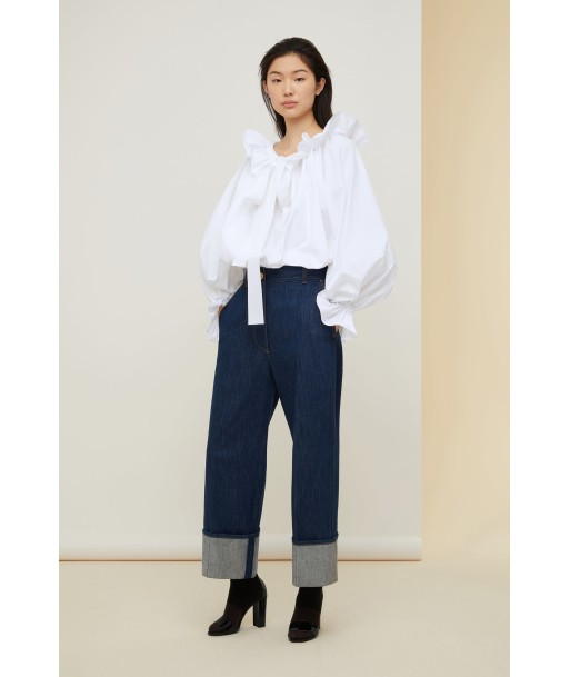 Drawstring puff sleeve top in organic poplin soldes