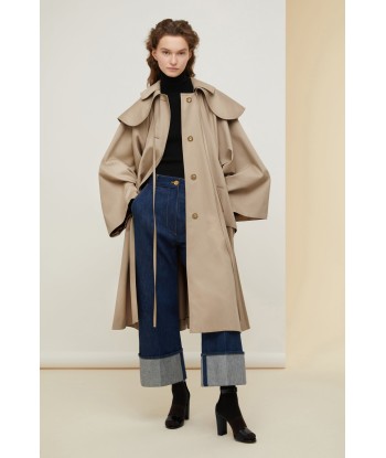 Oversized belted coat in organic gabardine with detachable collar acheter