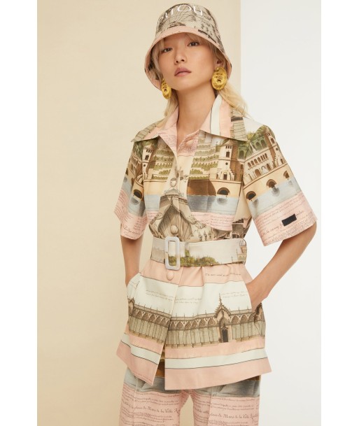 Belted short sleeve jacket in printed organic cotton and wool brillant des détails fins