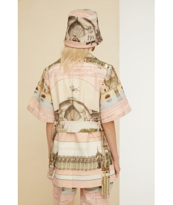 Belted short sleeve jacket in printed organic cotton and wool brillant des détails fins