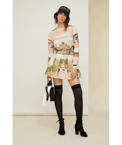 Belted pleated mini skirt in printed organic cotton and wool Les êtres humains sont 