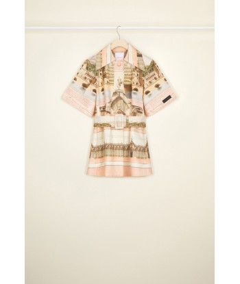 Belted short sleeve jacket in printed organic cotton and wool brillant des détails fins