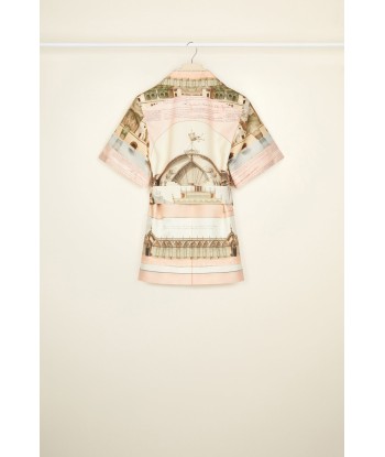 Belted short sleeve jacket in printed organic cotton and wool brillant des détails fins