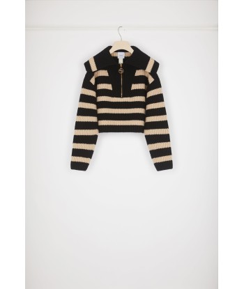 Striped zip-up collar rib knit jumper in Merino wool pour bénéficier 