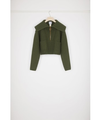 Zip-up collar rib knit jumper in Merino wool pas cher