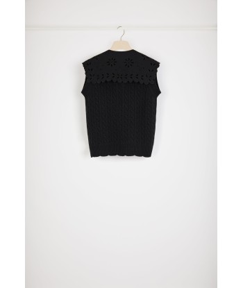 Sleeveless cable knit cardigan in Merino wool with detachable collar pour bénéficier 