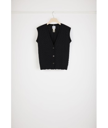 Sleeveless cable knit cardigan in Merino wool with detachable collar pour bénéficier 