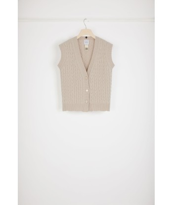 Sleeveless cable knit cardigan in Merino wool with detachable collar ouvre sa boutique