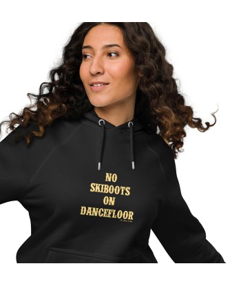 Sweat à capuche écologique Raglan unisexe No Skiboots on Dancefloor sur fond sombre de votre