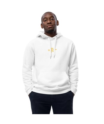 Sweat à capuche premium écologique Make Bouillabaisse Not War petit motif texte imprimé sur la face le des métaux précieux