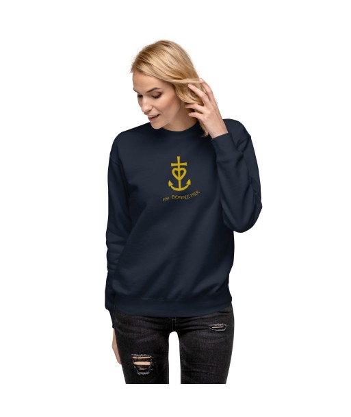 Sweatshirt premium unisexe Croix de camargue dorée avec texte Oh Bonne mer grand motif brodé en linge